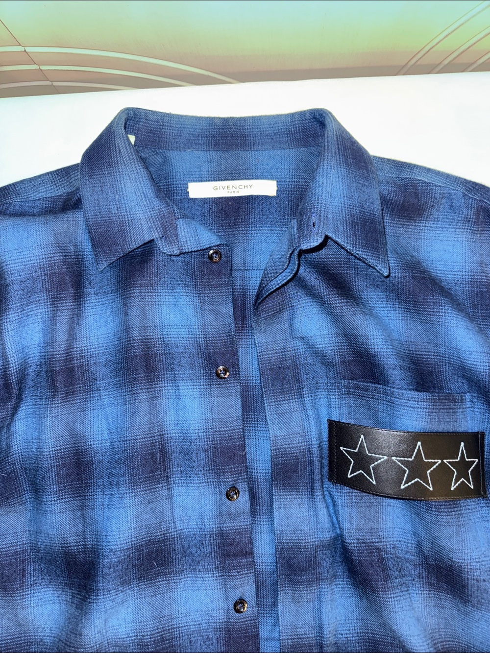 Givenchy Blue Plaid Button-Down Shirt with Star Patch